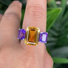 Emerald Cut Citrine & Amethyst Three Stone Cocktail Ring in 925 Sterling silver