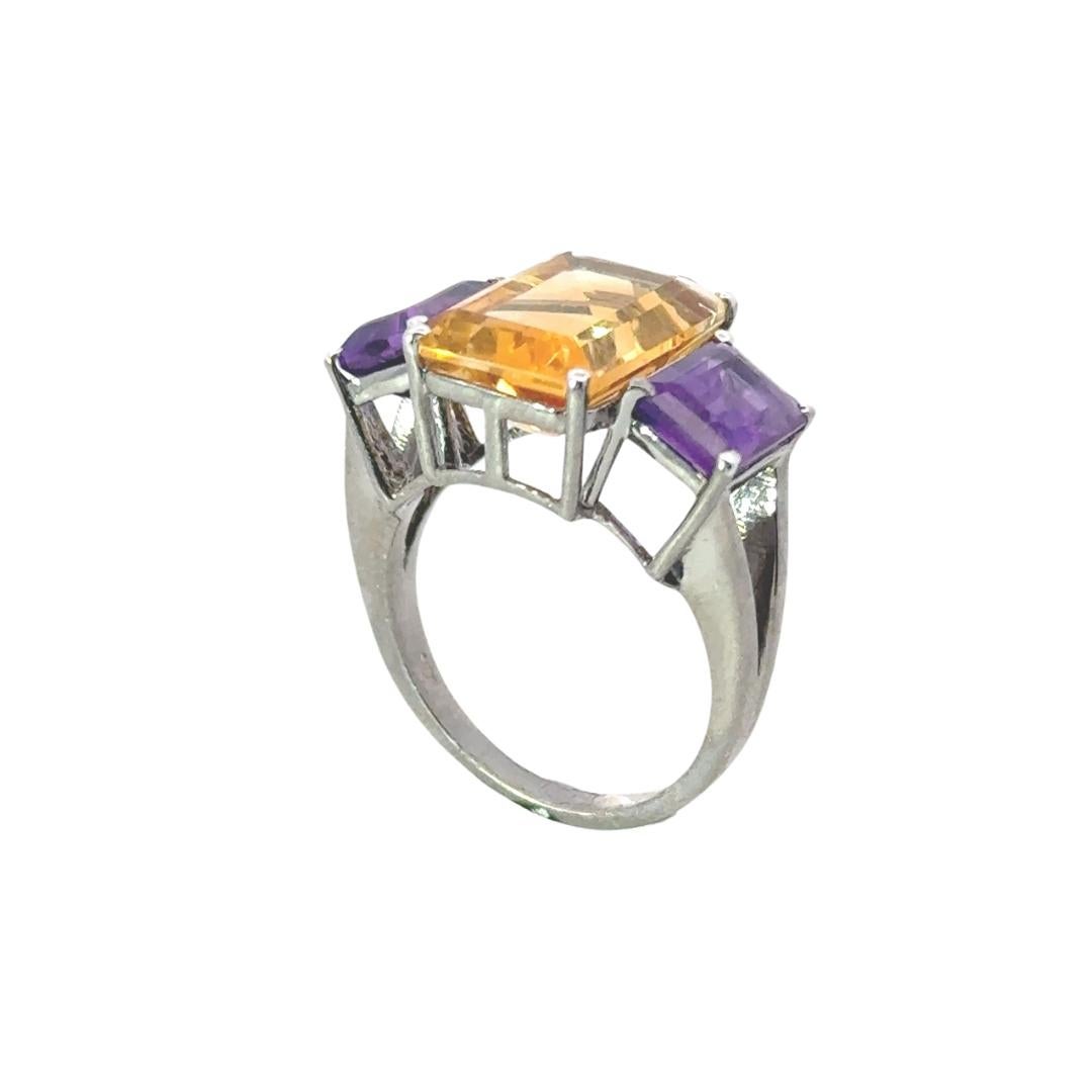 For Sale:  Unisex Three Stone Citrine Amethyst Gemstone Cocktail Silver Ring Gift for Mom 5