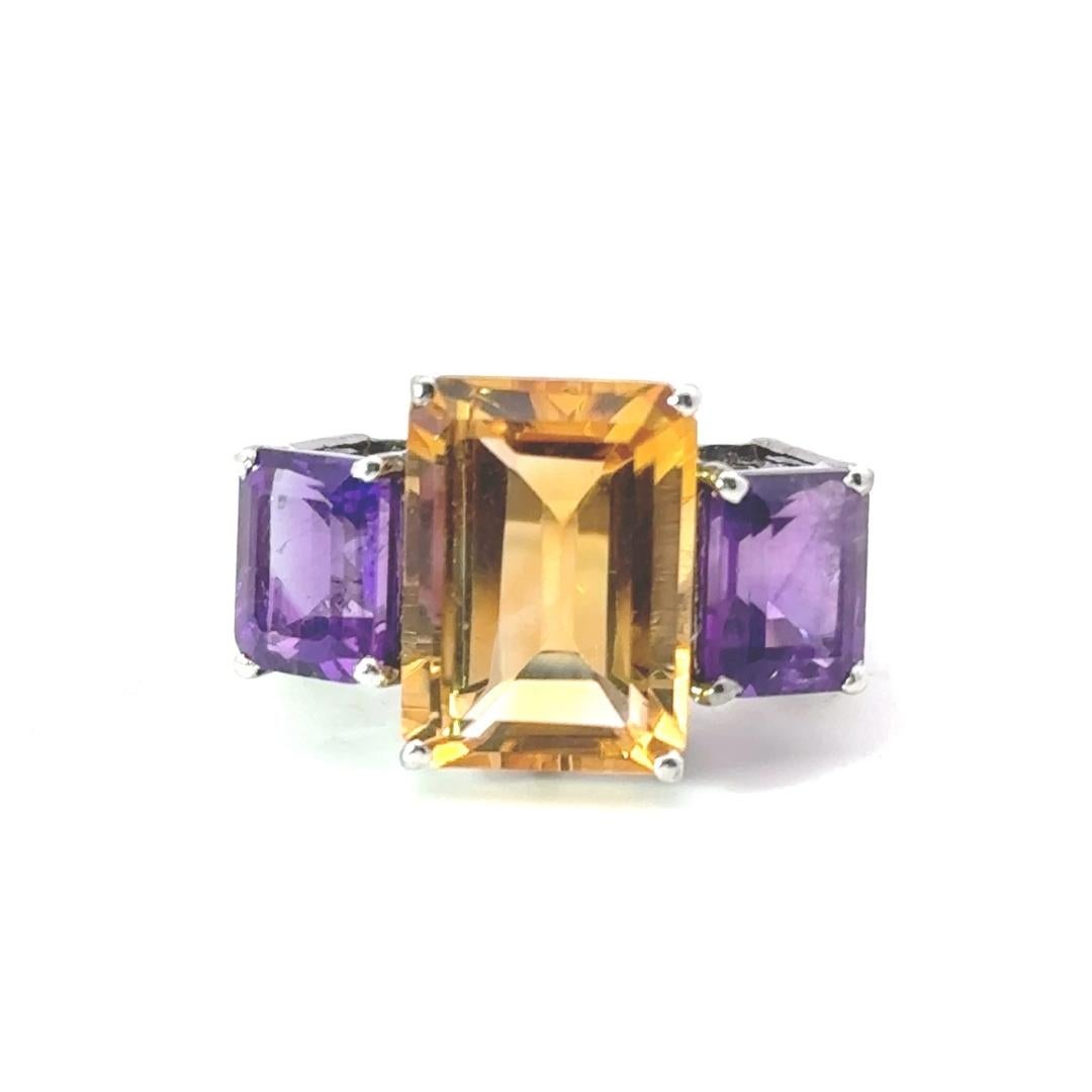 For Sale:  Unisex Three Stone Citrine Amethyst Gemstone Cocktail Silver Ring Gift for Mom 9