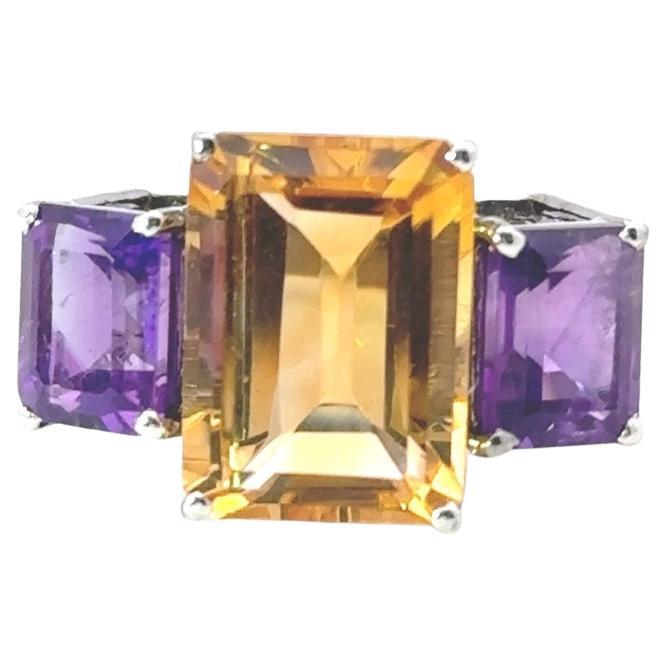For Sale:  Unisex Three Stone Citrine Amethyst Gemstone Cocktail Silver Ring Gift for Mom