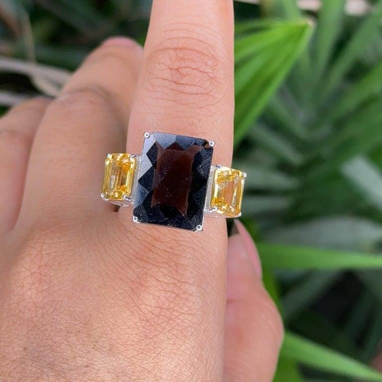 For Sale:  Unisex Three Stone Citrine Smoky Gemstone Cocktail Ring for Mother in 925 Silver 2