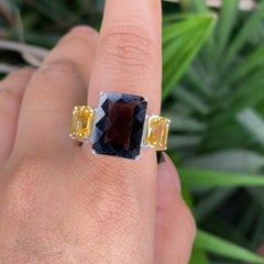 Three Stone Citrine Smoky Gemstone Unisex Cocktail Ring for Him in 925 Silver