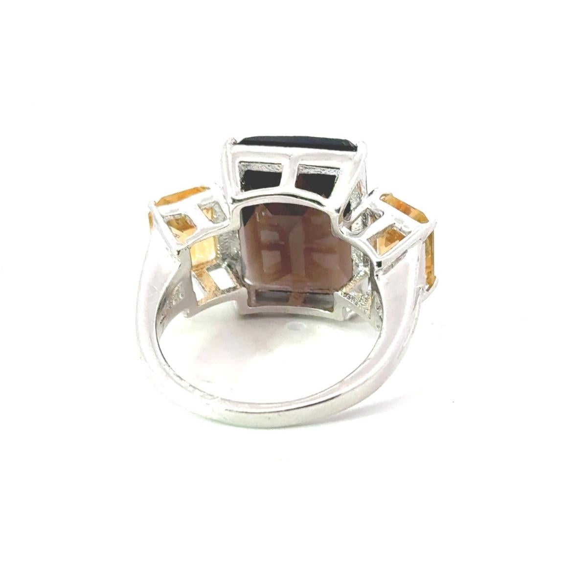For Sale:  Unisex Three Stone Citrine Smoky Gemstone Cocktail Ring for Mother in 925 Silver 7