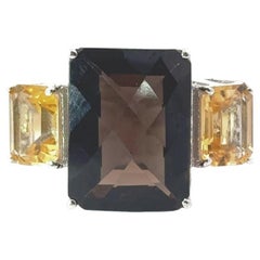 Bague cocktail unisexe pour mère en argent 925 avec trois pierres citrine fumée