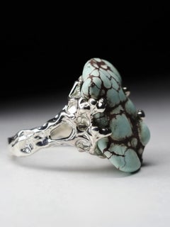 Unisex Turquoise Silver Ring Natural Blue Gemstone Nugget raw turquoise gift
