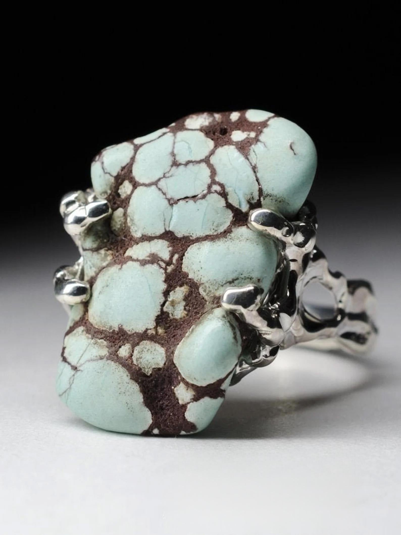 Artigiano Anello unisex in argento al turchese Nature Blue Gemstone Nugget regalo turchese grezzo in vendita