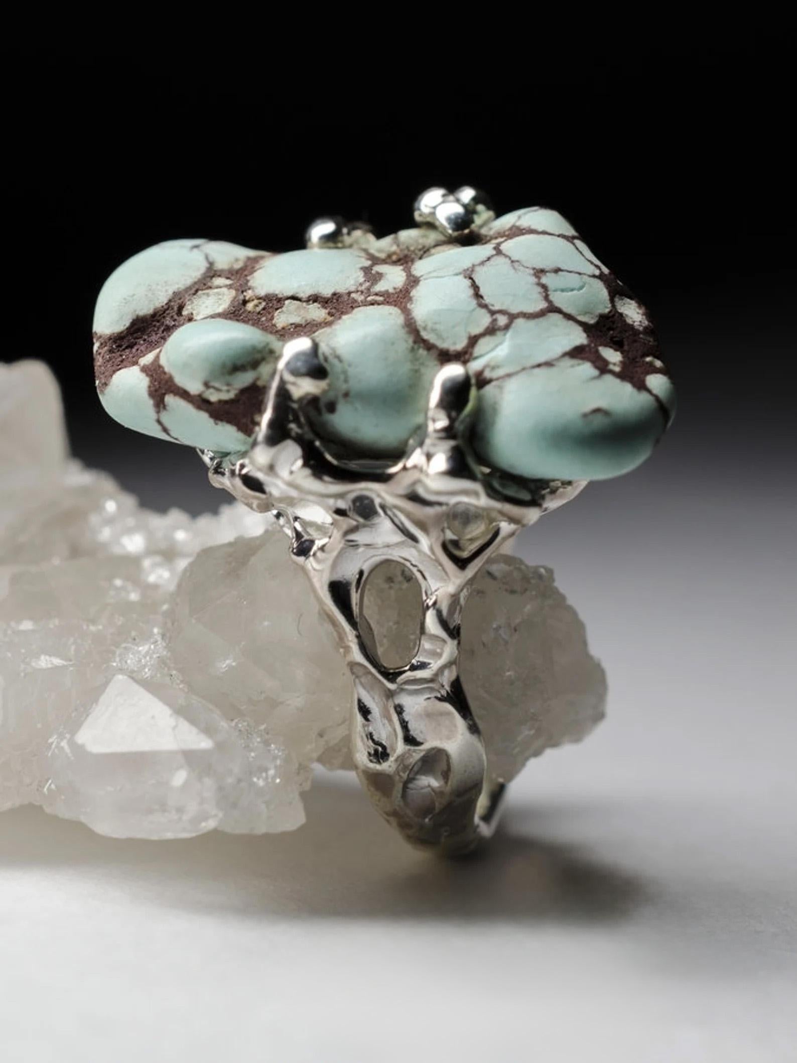 Anello unisex in argento al turchese Nature Blue Gemstone Nugget regalo turchese grezzo in vendita 2