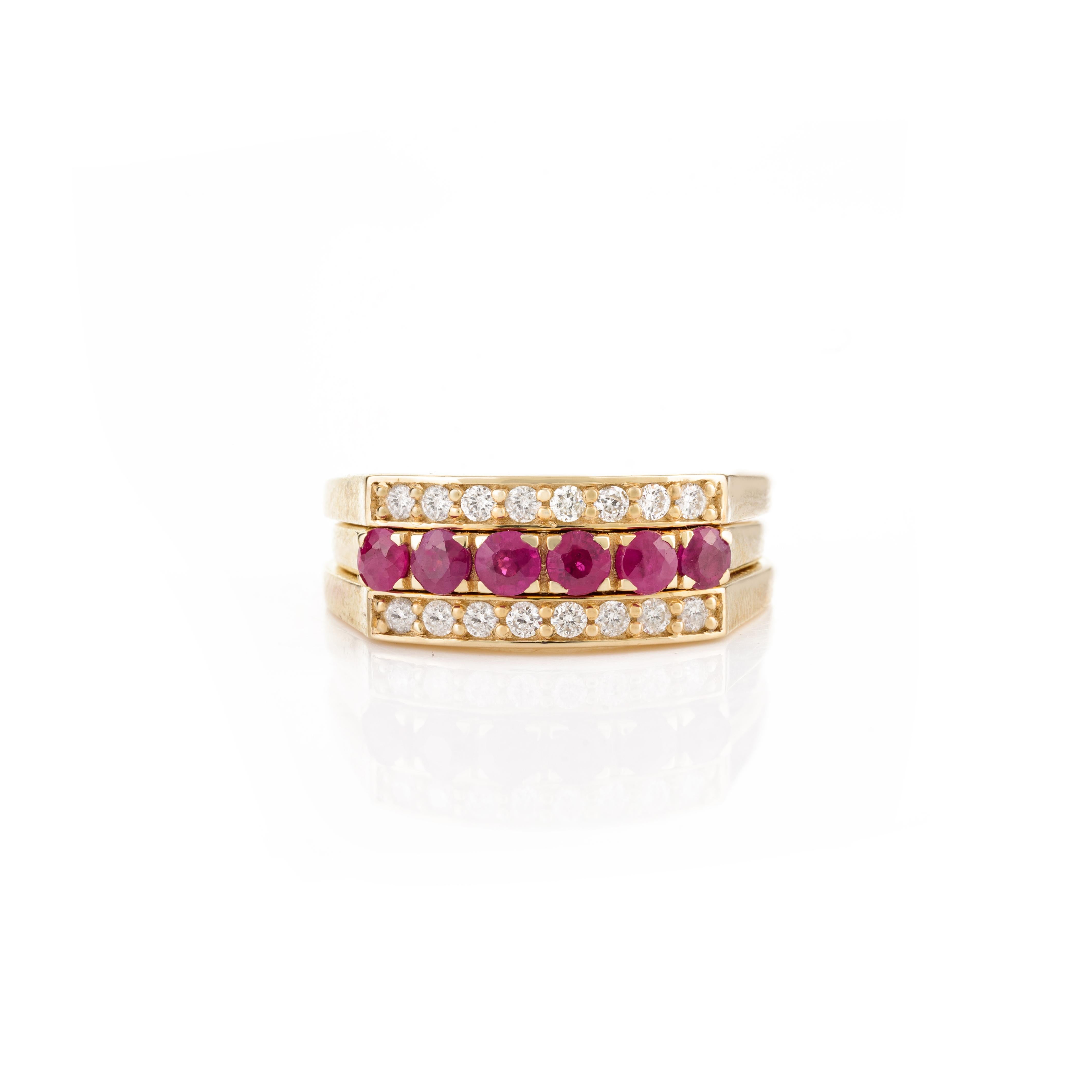 For Sale:  Unisex Two-in-One 14k Solid Yellow Gold Natural Ruby and Diamond Wedding Ring 10