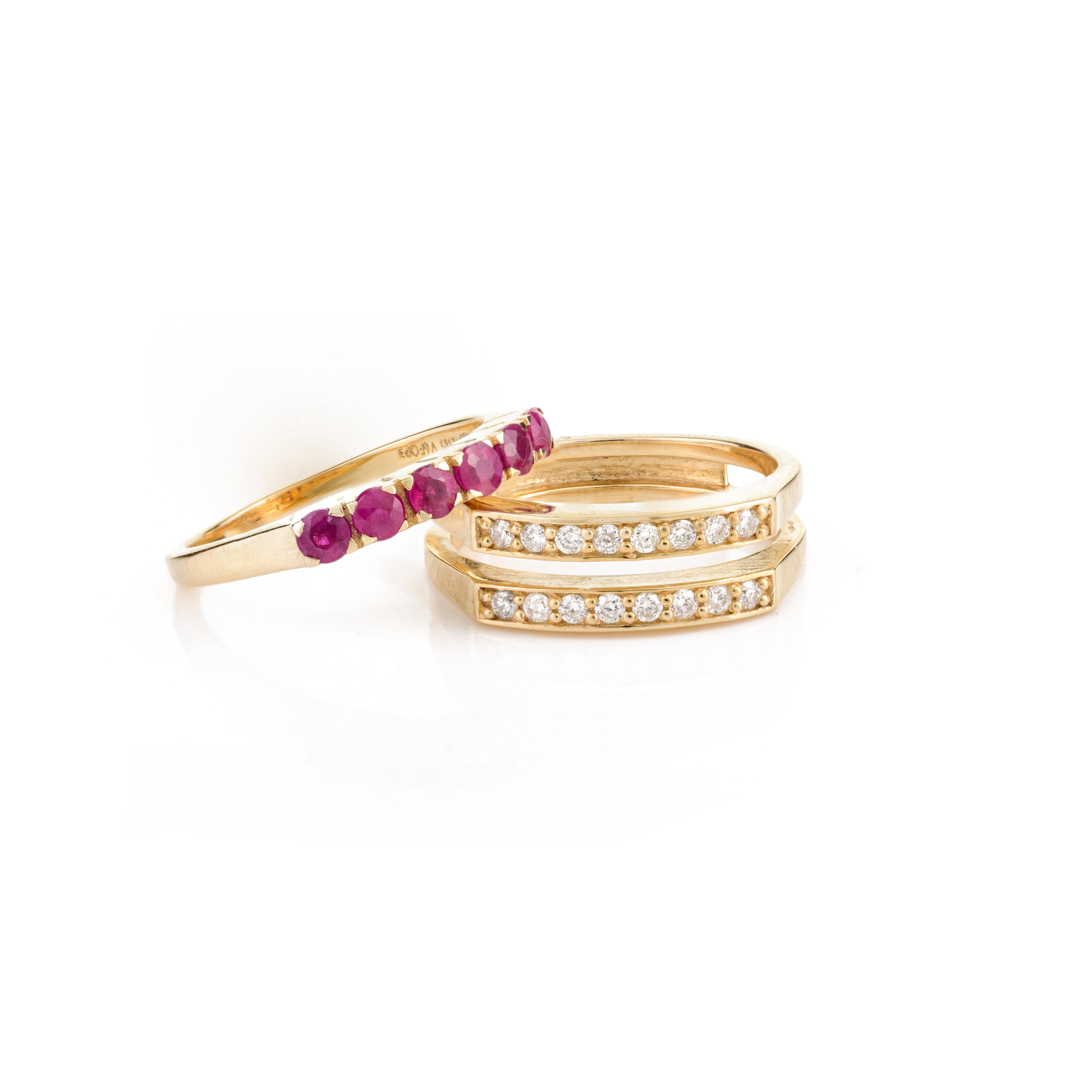 For Sale:  Unisex Two-in-One 14k Solid Yellow Gold Natural Ruby and Diamond Wedding Ring 7