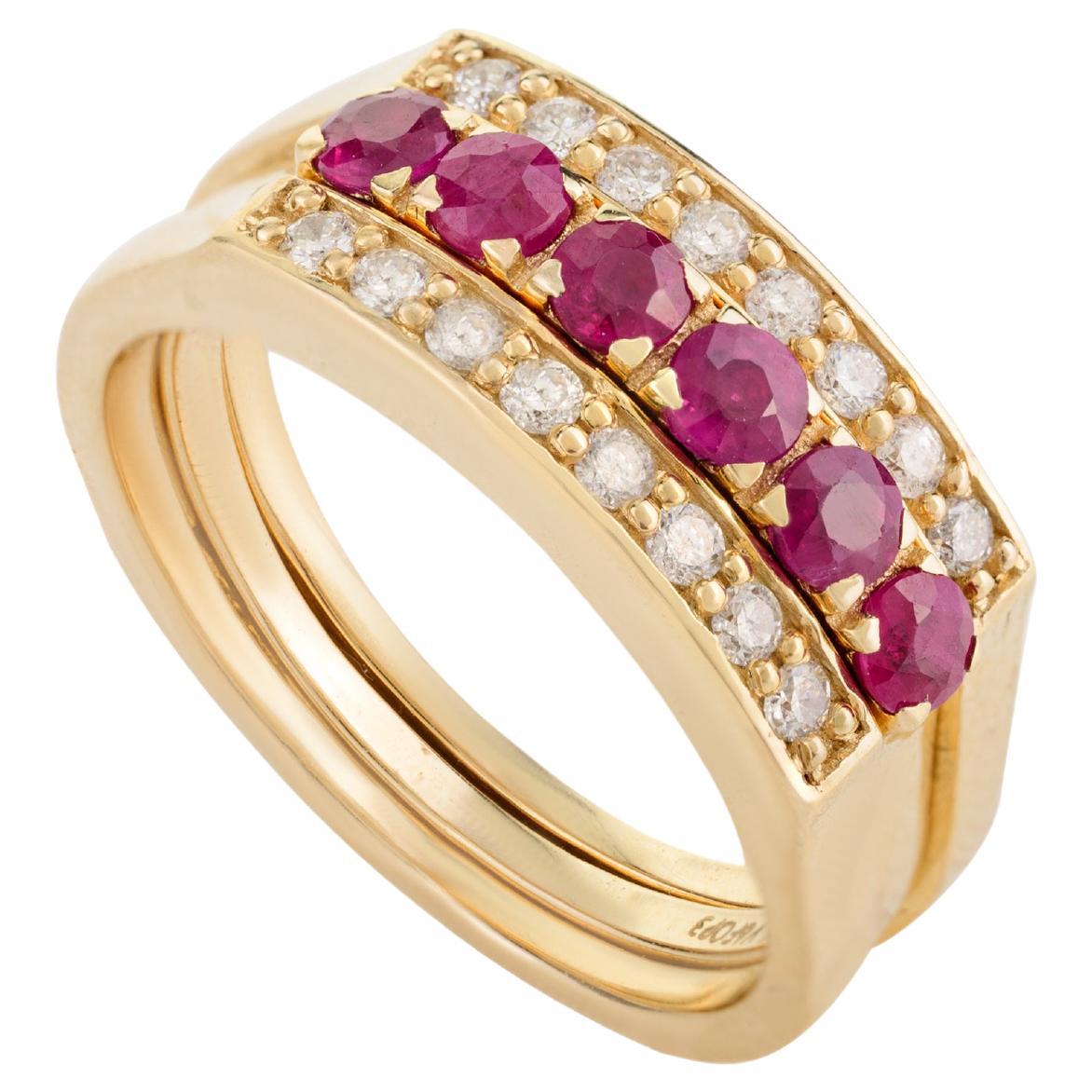 For Sale:  Unisex Two-in-One 14k Solid Yellow Gold Natural Ruby and Diamond Wedding Ring