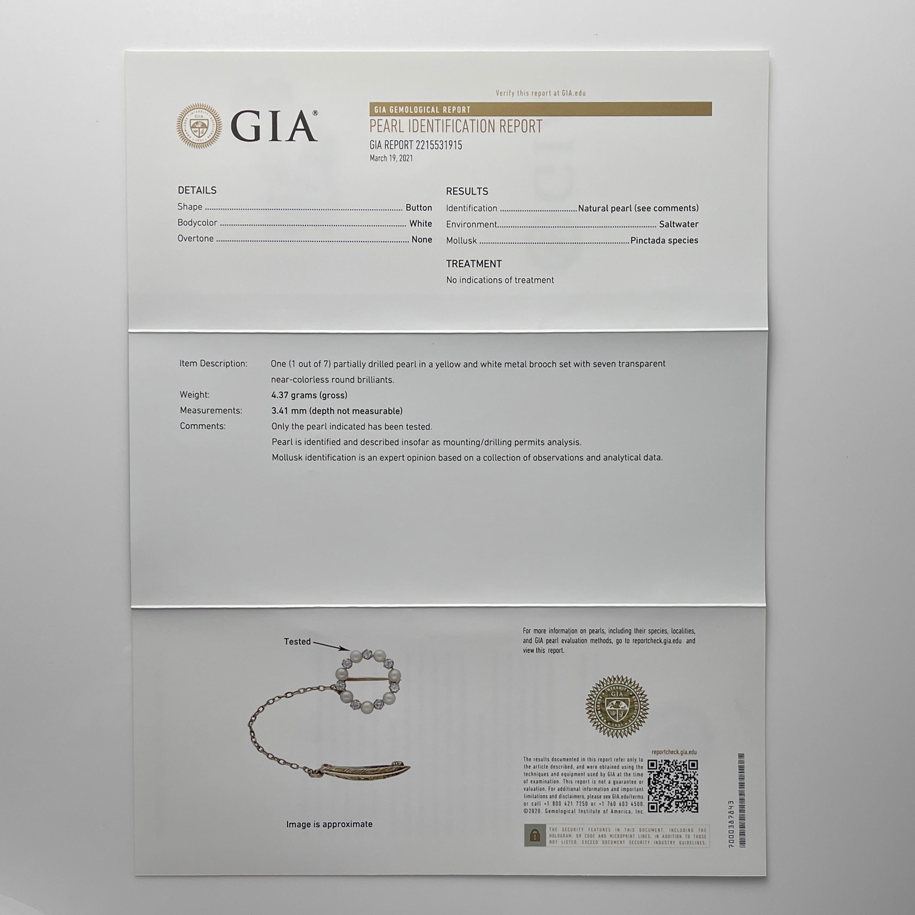 GIA Certified Natural Pearl & Diamond Brooch Victorian For Sale 8