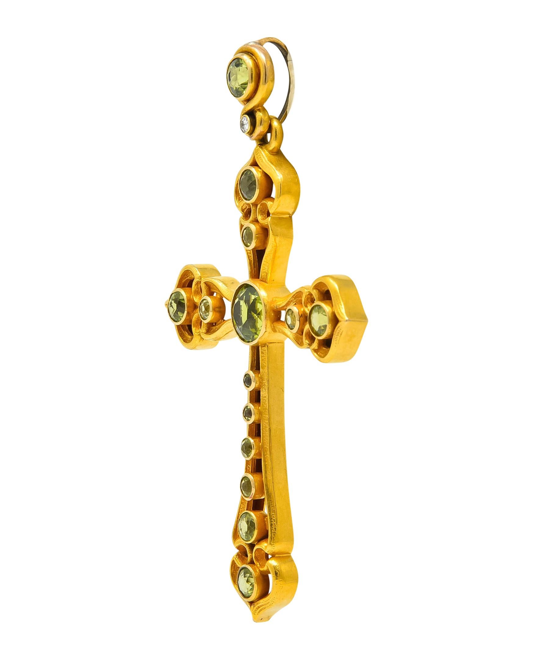 Round Cut Unisex Victorian Peridot Diamond 14 Karat Gold Celtic Cross Pendant