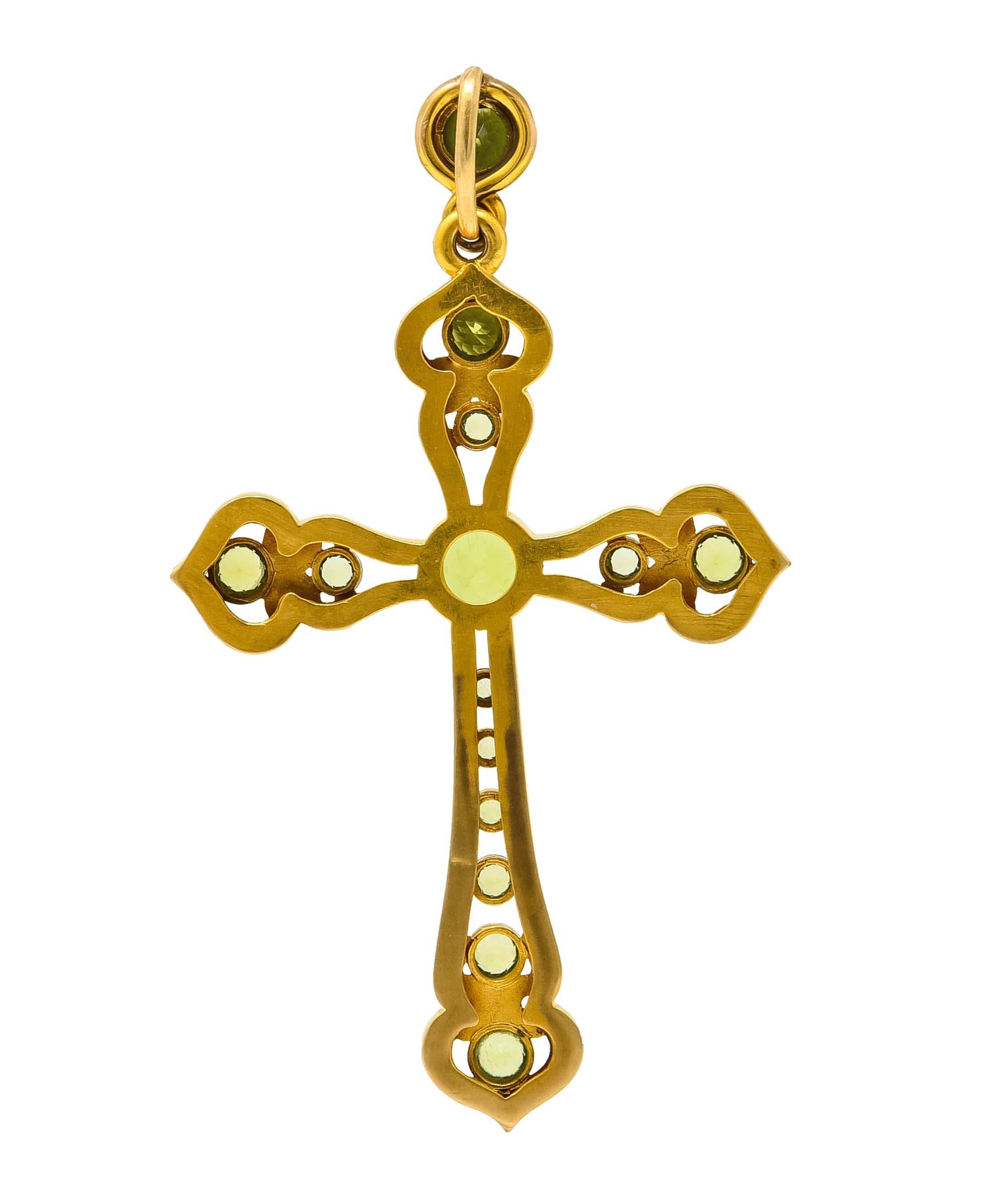 Unisex Victorian Peridot Diamond 14 Karat Gold Celtic Cross Pendant In Excellent Condition In Philadelphia, PA