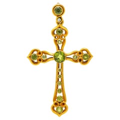 Antique Unisex Victorian Peridot Diamond 14 Karat Gold Celtic Cross Pendant