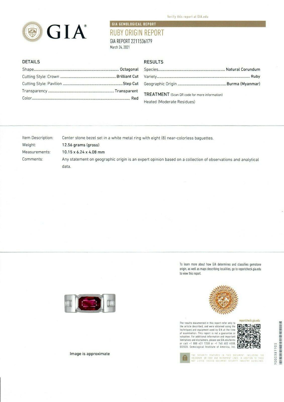 Unisex Vintage 14k Gold 2.75ct Rectangular GIA Burma Bezel Ruby & Diamond Ring For Sale 6