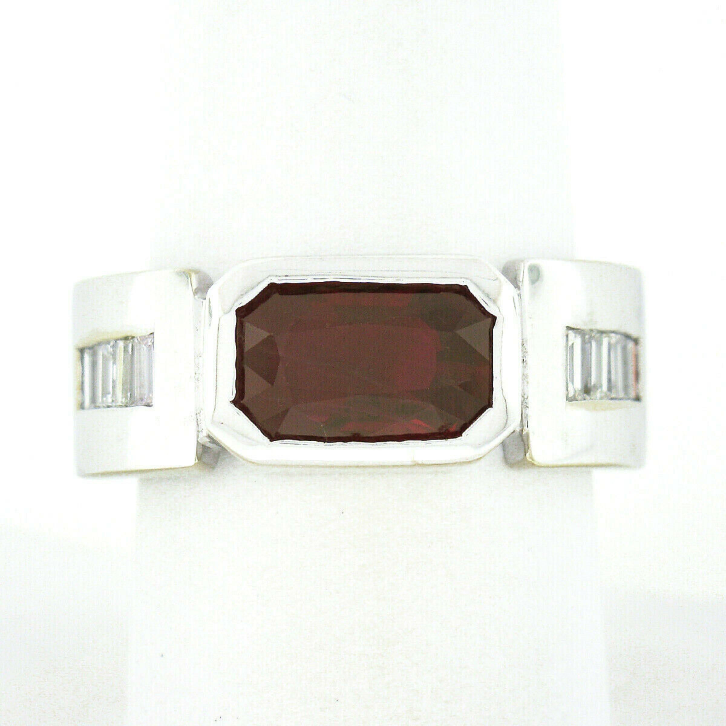Octagon Cut Unisex Vintage 14k Gold 2.75ct Rectangular GIA Burma Bezel Ruby & Diamond Ring For Sale