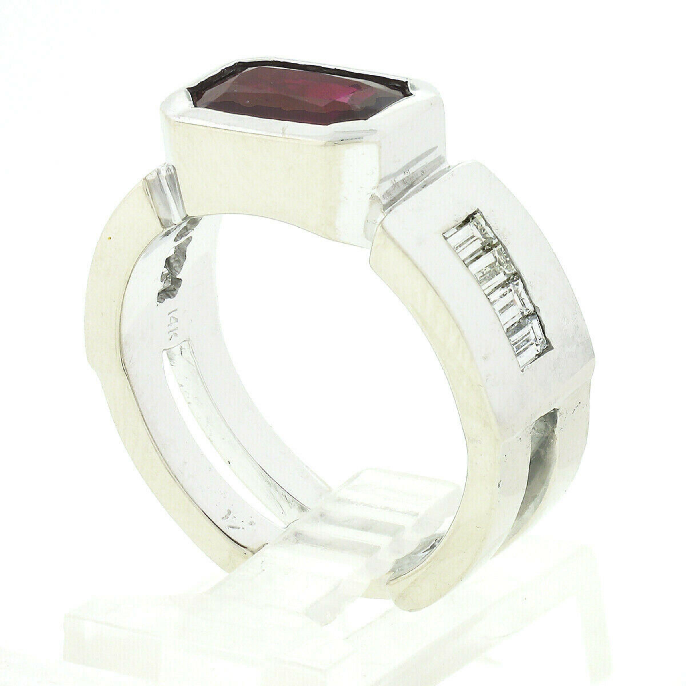 Unisex Vintage 14k Gold 2.75ct Rectangular GIA Burma Bezel Ruby & Diamond Ring In Good Condition For Sale In Montclair, NJ