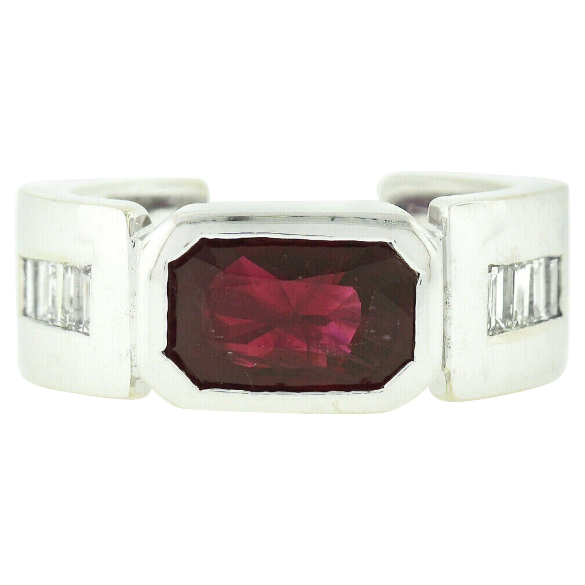 Unisex Vintage 14k Gold 2.75ct Rectangular GIA Burma Bezel Ruby & Diamond Ring For Sale