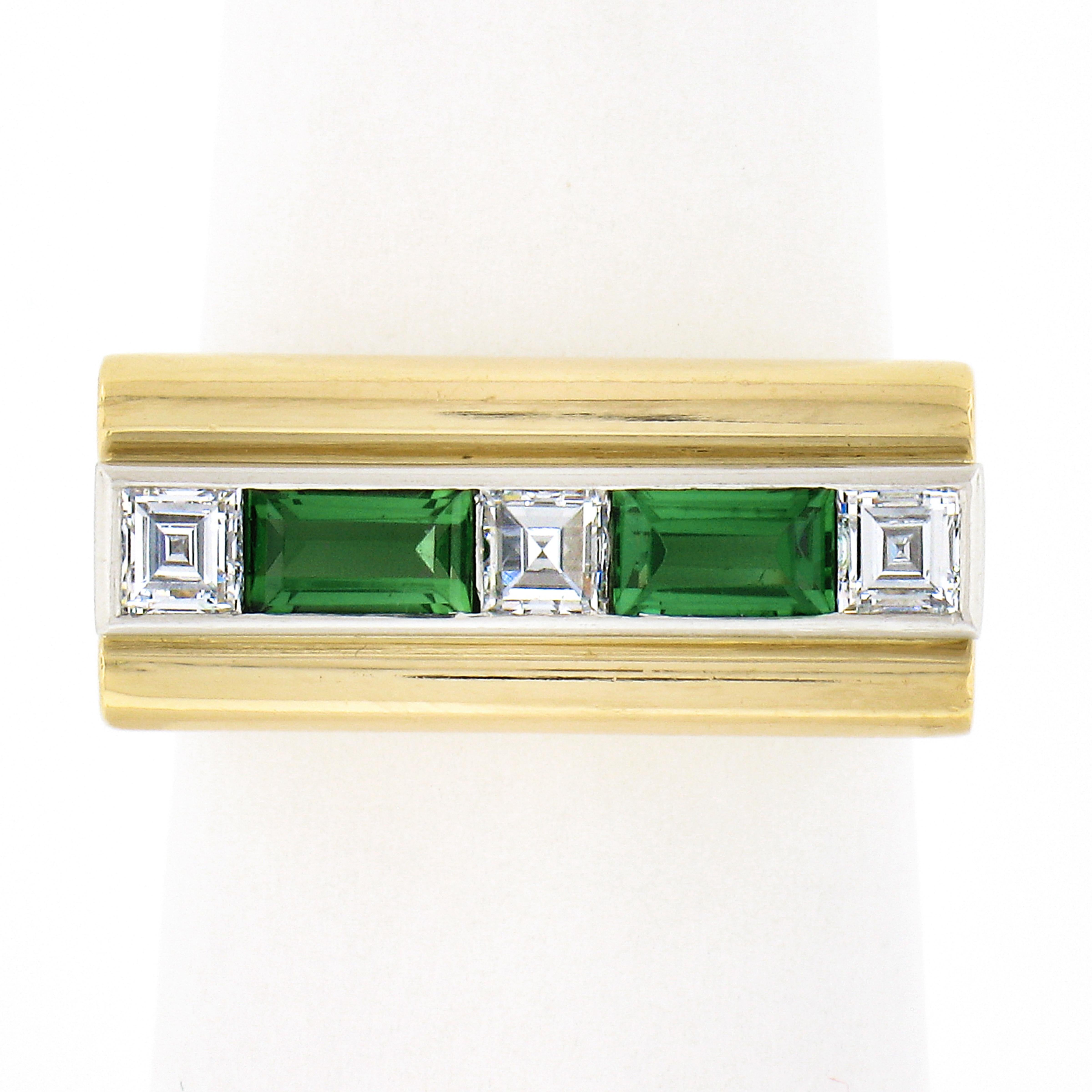 This sharp tourmaline and diamond vintage band ring is very well crafted in solid 18k yellow gold with a white gold center, and elegantly carries the fine stones across its top in a secure channel setting. The high quality tourmalines are baguette