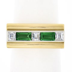 Unisex Vintage 18k Gold 1.10ctw Baguette Tourmaline & Square Diamond Band Ring