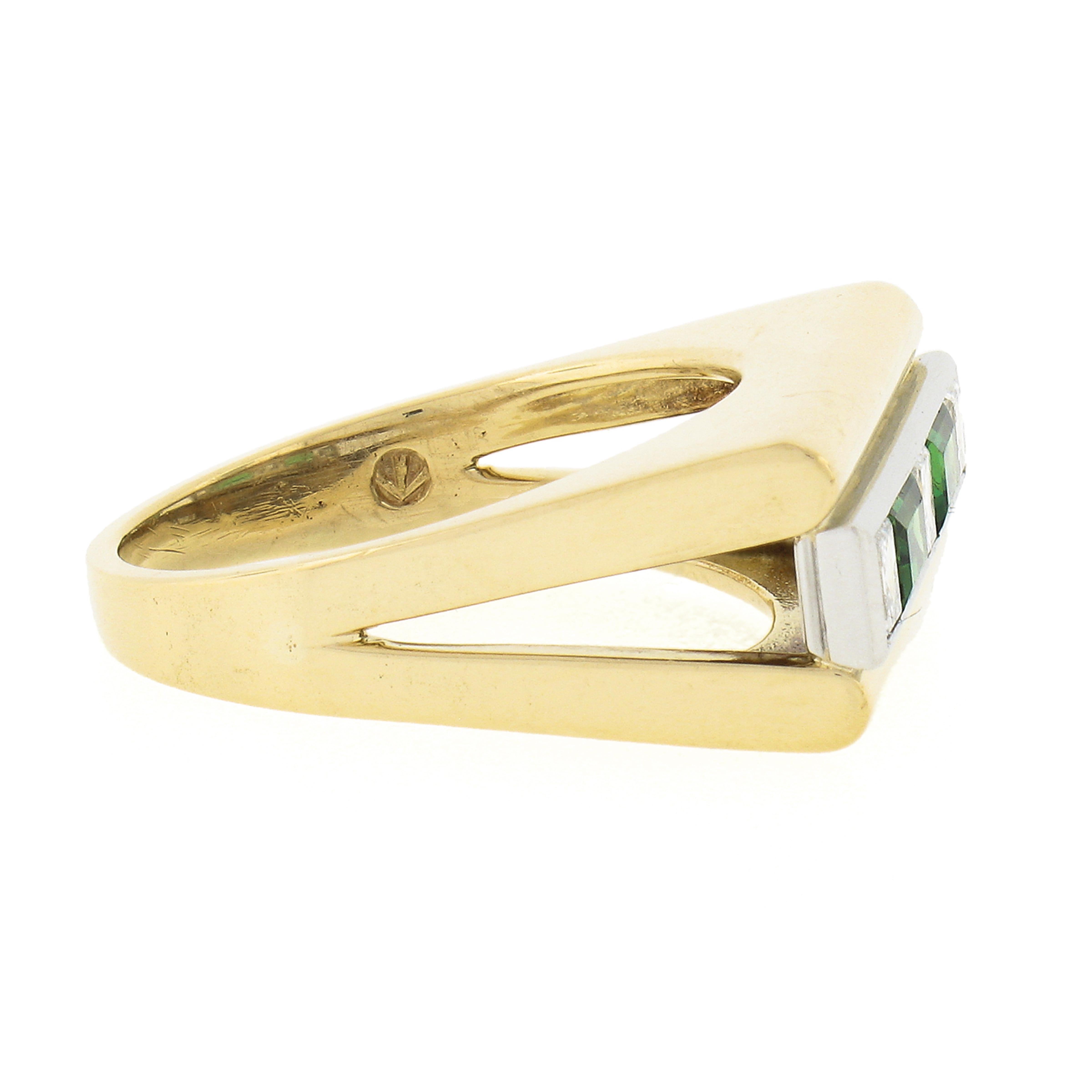 Unisex Vintage 18k Gold 1.10ctw Baguette Tourmaline & Square Diamond Band Ring For Sale 1