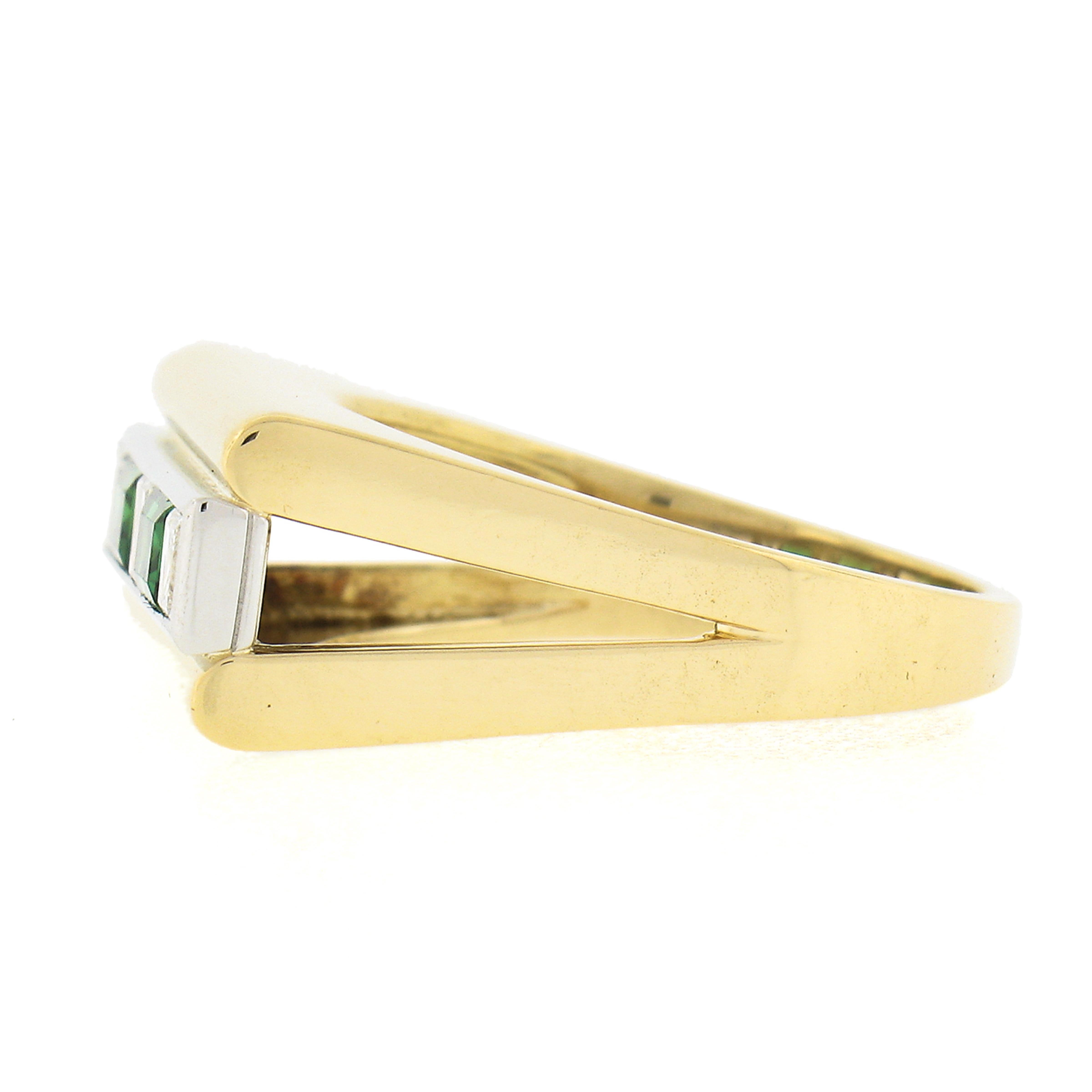 Unisex Vintage 18k Gold 1.10ctw Baguette Tourmaline & Square Diamond Band Ring For Sale 2
