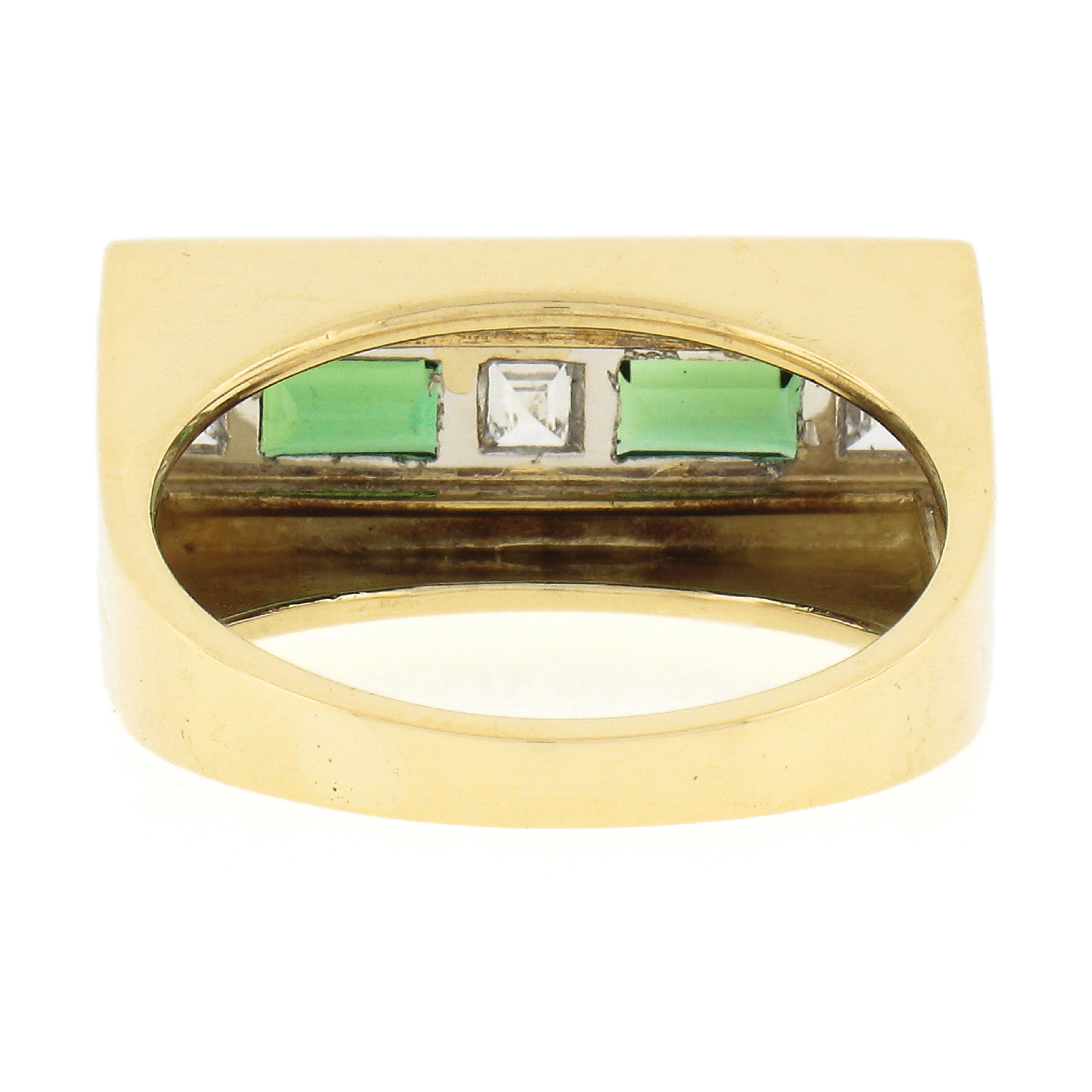 Unisex Vintage 18k Gold 1.10ctw Baguette Tourmaline & Square Diamond Band Ring For Sale 3