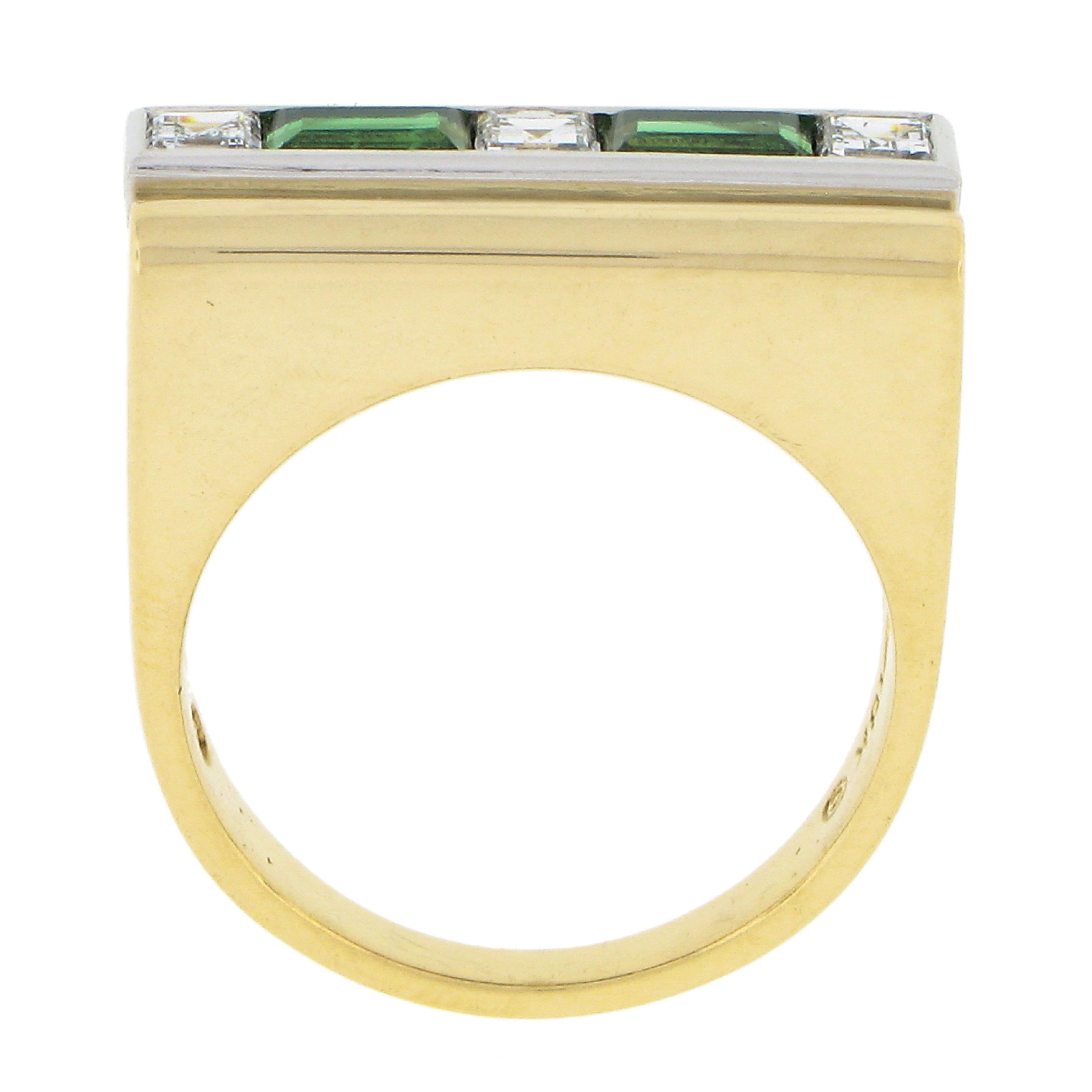 Unisex Vintage 18k Gold 1.10ctw Baguette Tourmaline & Square Diamond Band Ring For Sale 4