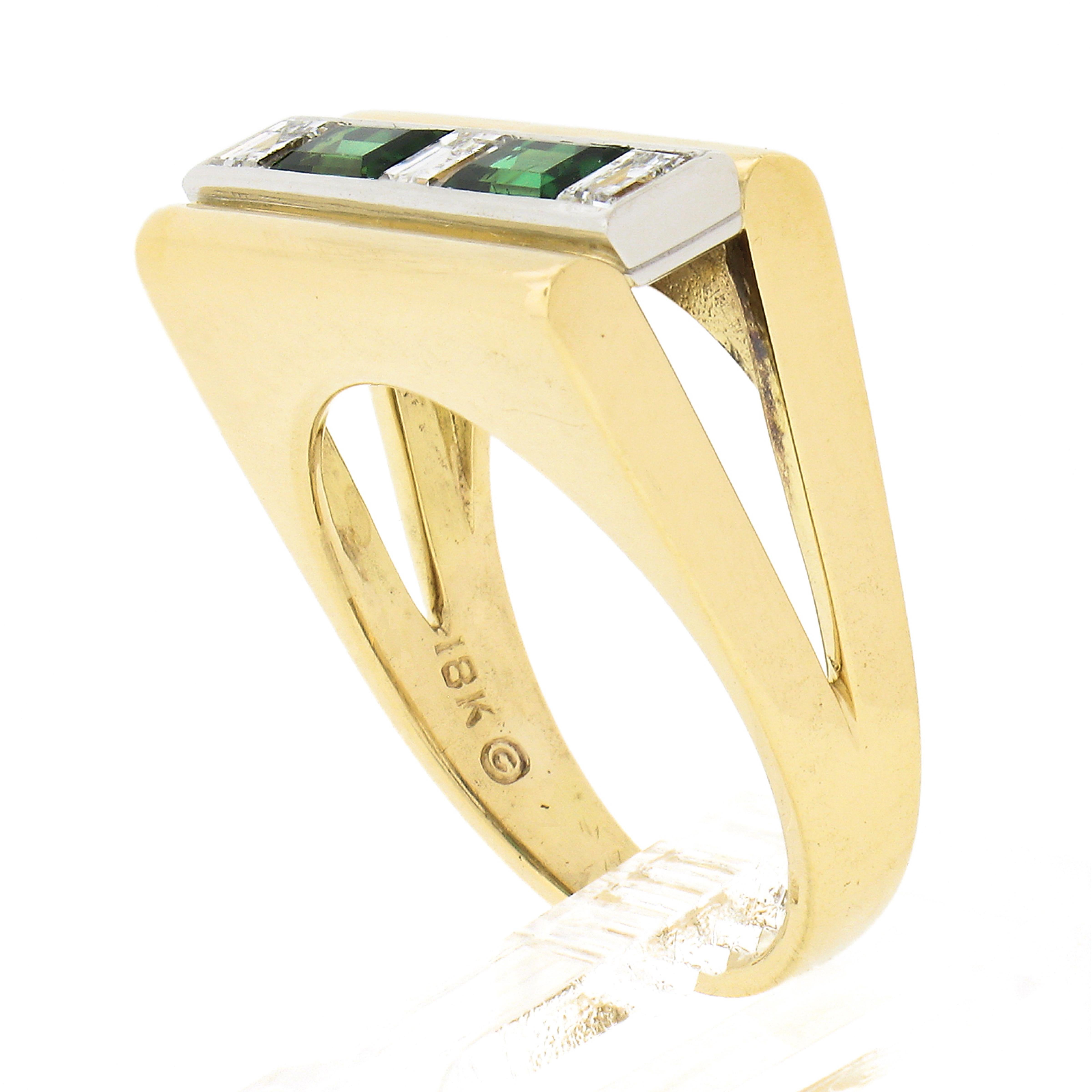 Unisex Vintage 18k Gold 1.10ctw Baguette Tourmaline & Square Diamond Band Ring For Sale 5