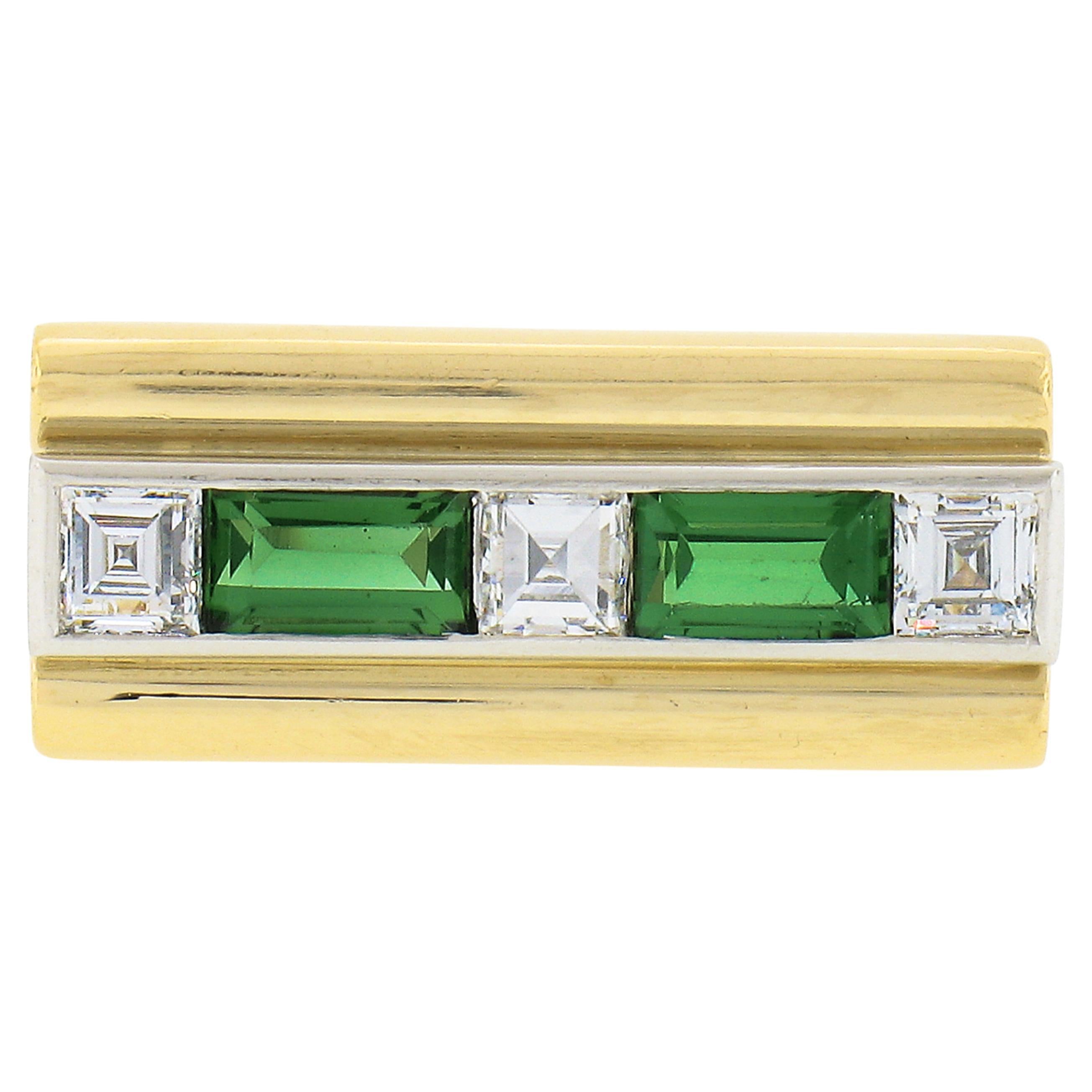 Unisex Vintage 18k Gold 1,10ctw Baguette-Turmalin & Quadratischer Diamant-Ring