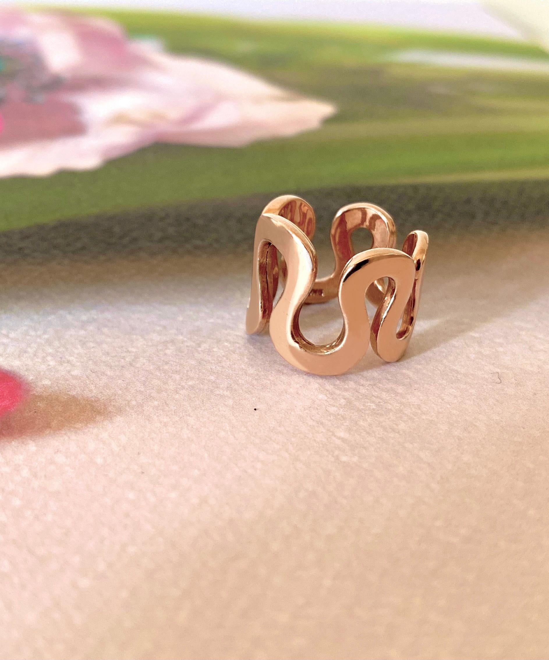 Unisex Wave 18k Rose Gold Modern Engagement Design Handcrafted Ring For Sale 1