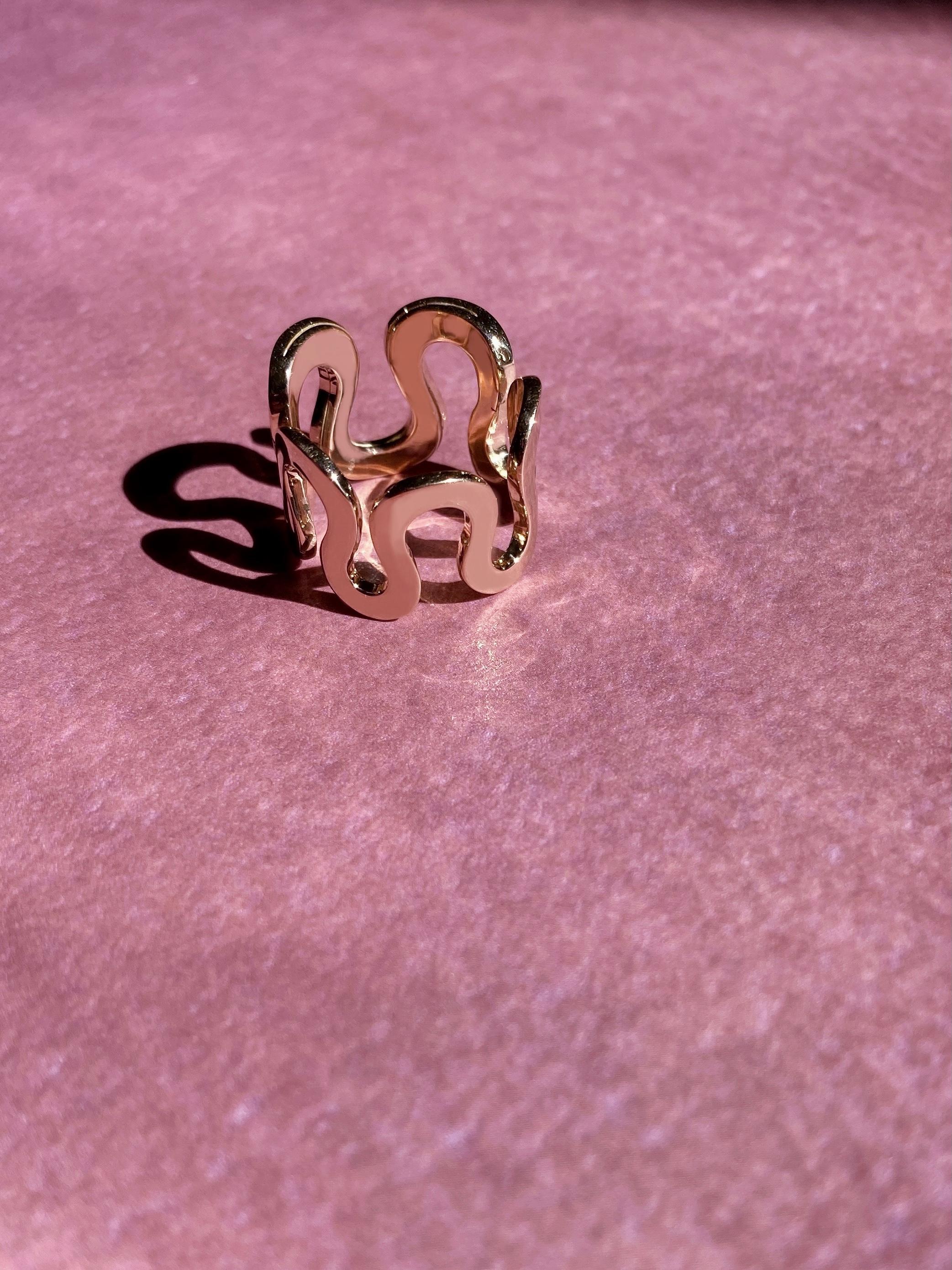 Unisex Wave 18k Rose Gold Modern Engagement Design Handcrafted Ring For Sale 3