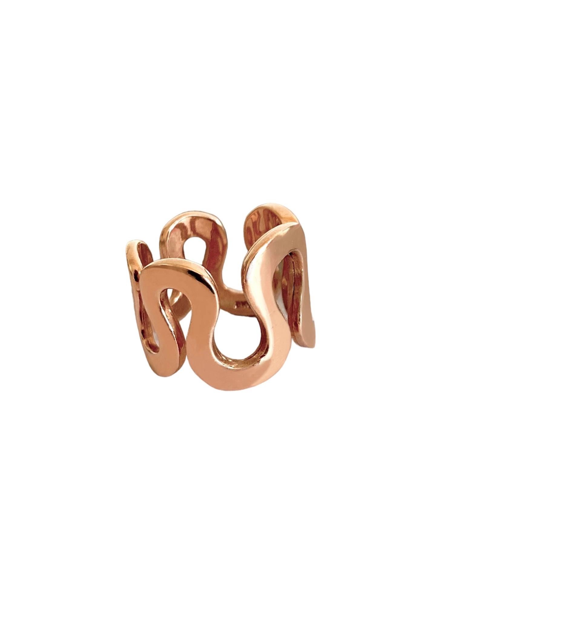 Unisex Wave 18k Rose Gold Modern Engagement Design Handcrafted Ring For Sale 6