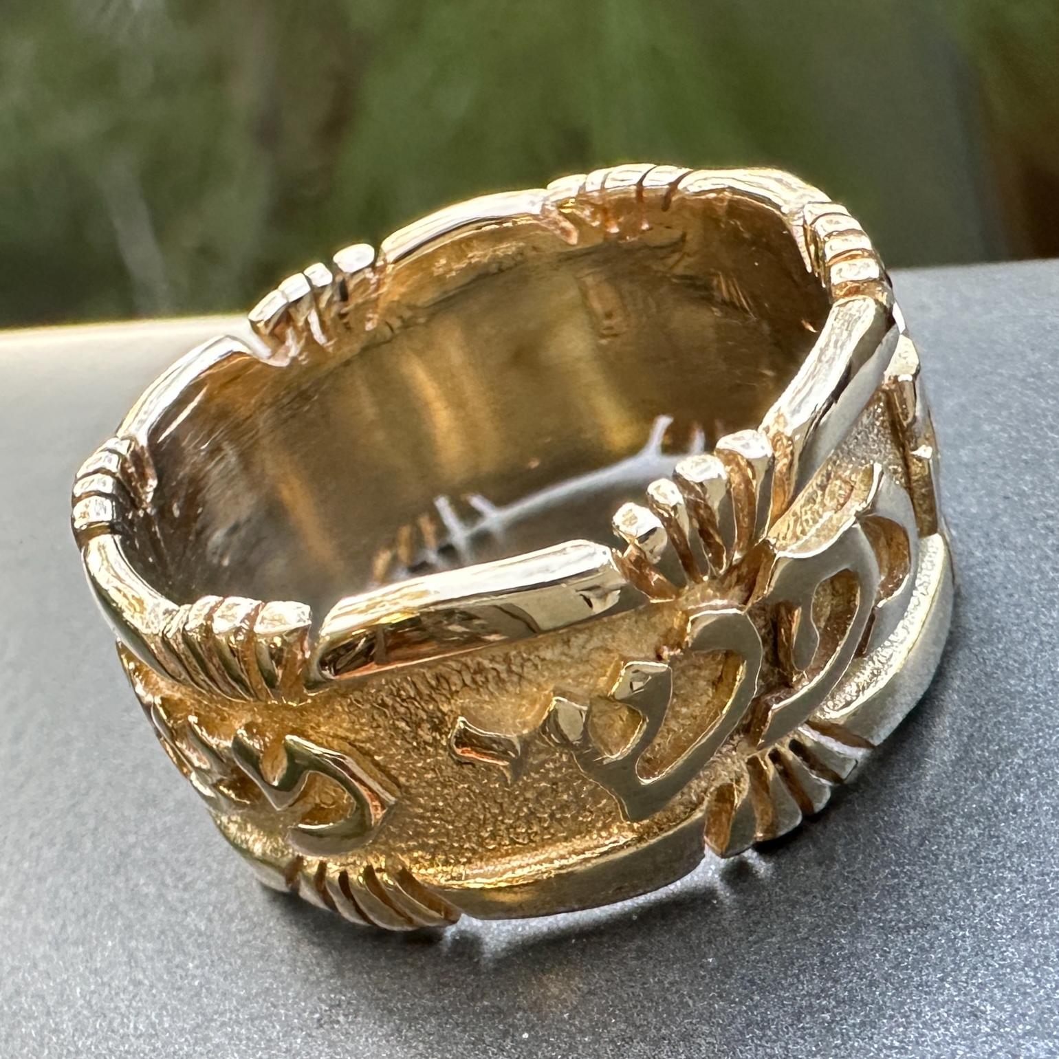 In his nearly fifty years as a goldsmith, Eytan Brandes has been making Hebrew wedding bands.  The two top choices for verses are these madly romantic lines from the Song of Songs:

I am my beloved and my beloved is mine 

or

I have found the one