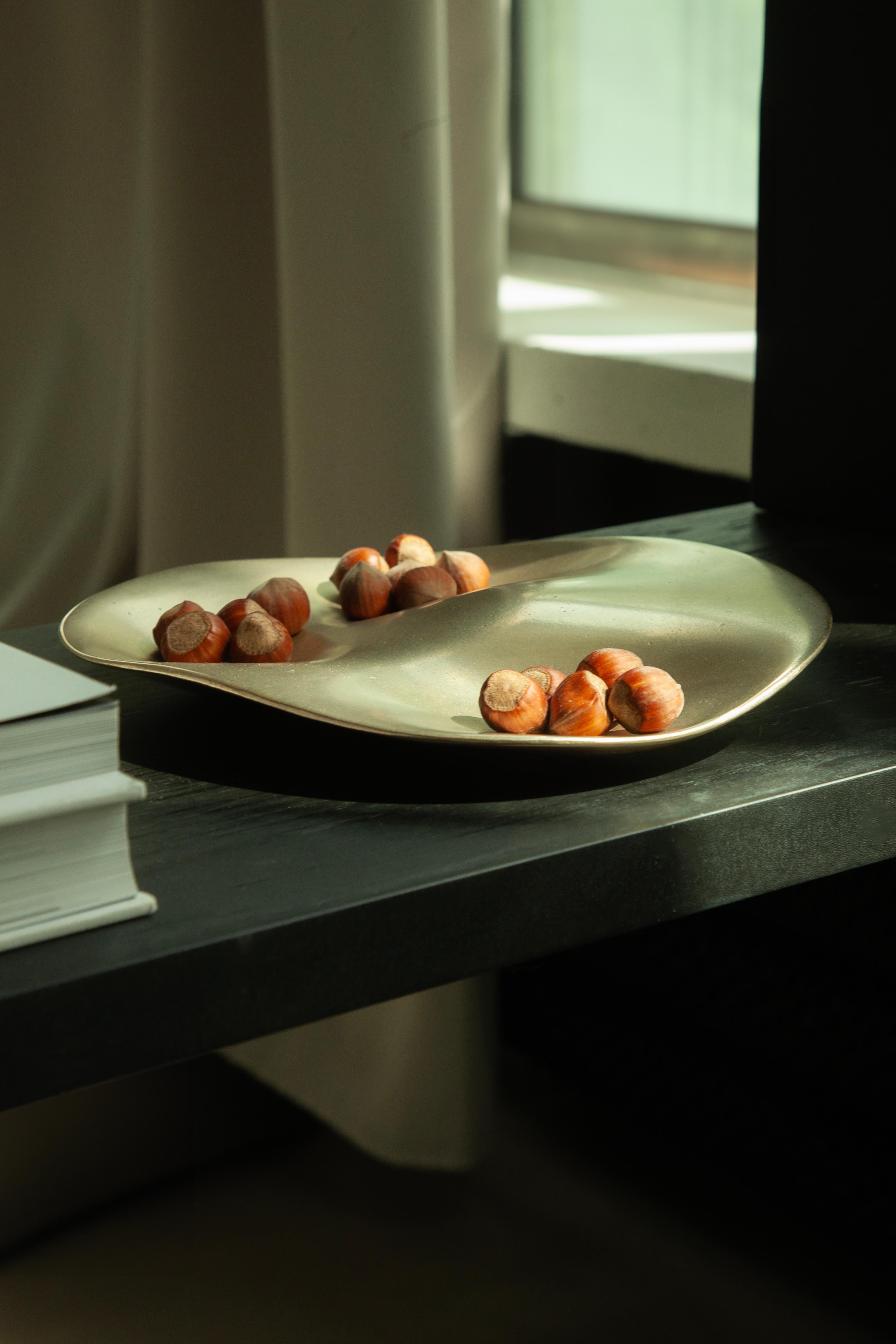 La piccola Fluid Bowl, dalla forma irregolare e dal diametro di circa 23 cm, è realizzata con la tecnica della fusione a sabbia. Il suo design organico, caratterizzato da tre distinti incavi, lo rende perfetto per un uso sia decorativo che pratico,