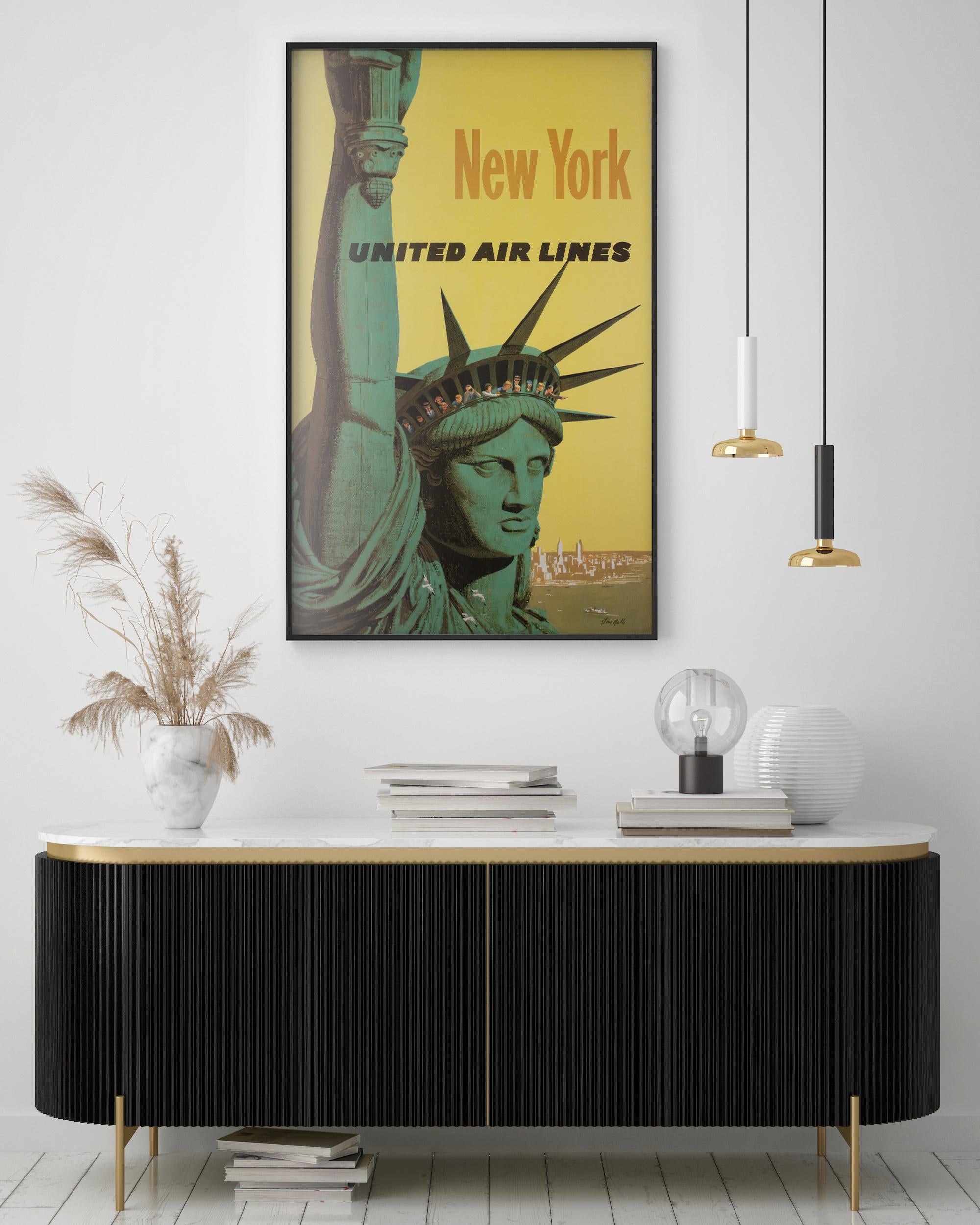 United Air Lines 1960s New York Travel Poster, Galli

Fabulous original 1960s United Air Lines New York Travel Poster designed by Stan Galli. We adore Galli's design of visitors enjoying a panoramic view of New York from the iconic Statue of