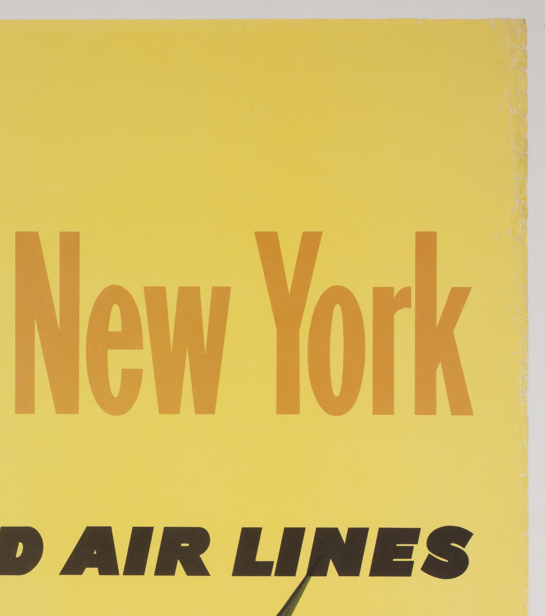 North American United Air Lines 1960s New York Travel Poster, Galli, Linen Backed