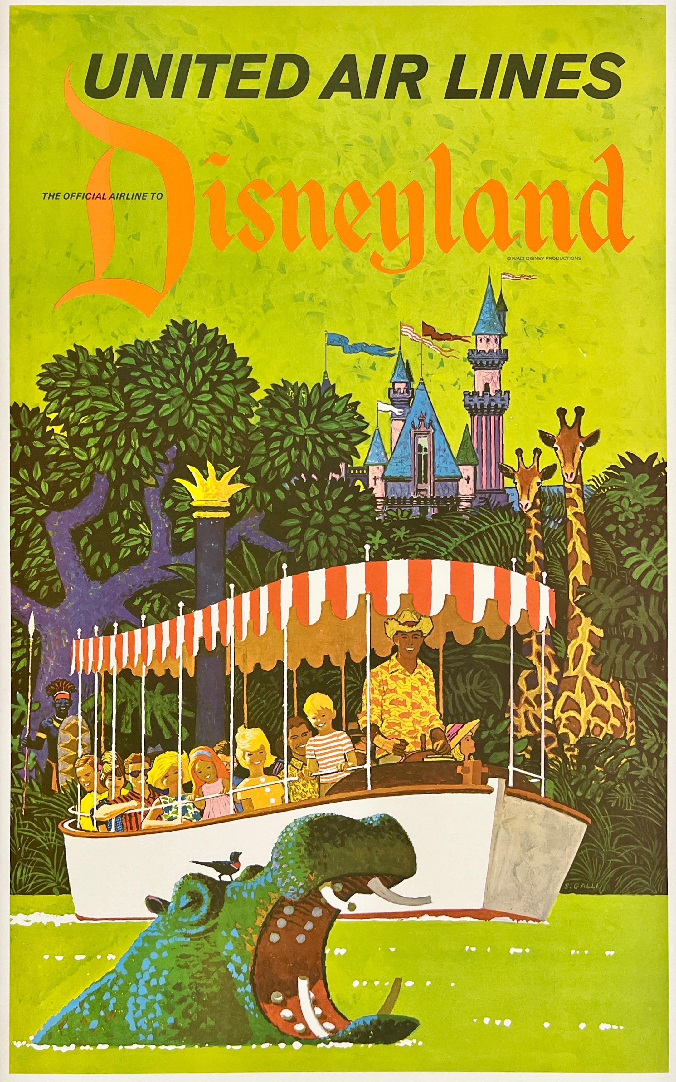 UNITED AIR LINES - DISNEYLAND : Affiche de voyage vintage originale de la compagnie aérienne GALLI