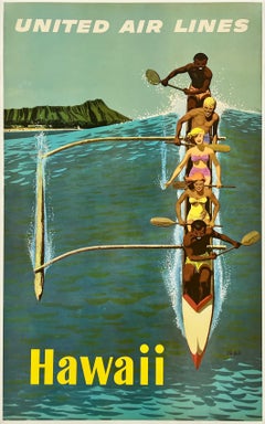 UNITED AIR LINES - HAWAII Originale Poster Turistico della Compagnia Aerea d'Epoca MCM