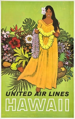 UNITED AIR LINES - HAWAII Original Vintage Airline Travel Tourism Poster MCM