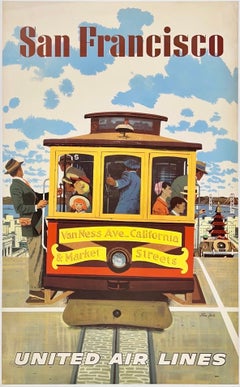 UNITED AIR LINES SAN FRANCISCO : Affiche vintage originale représentant un tramway de la compagnie aérienne