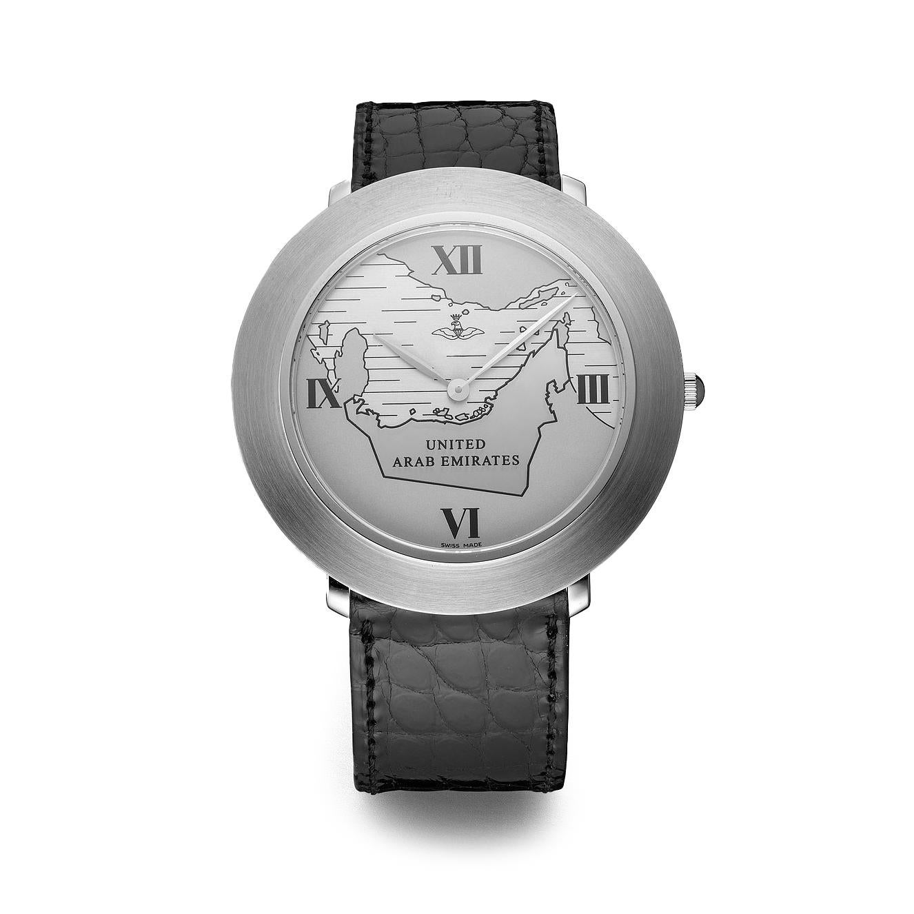 Watch in steel, Emirats arabes unis dial with prong buckle alligator strap quartz movement.             