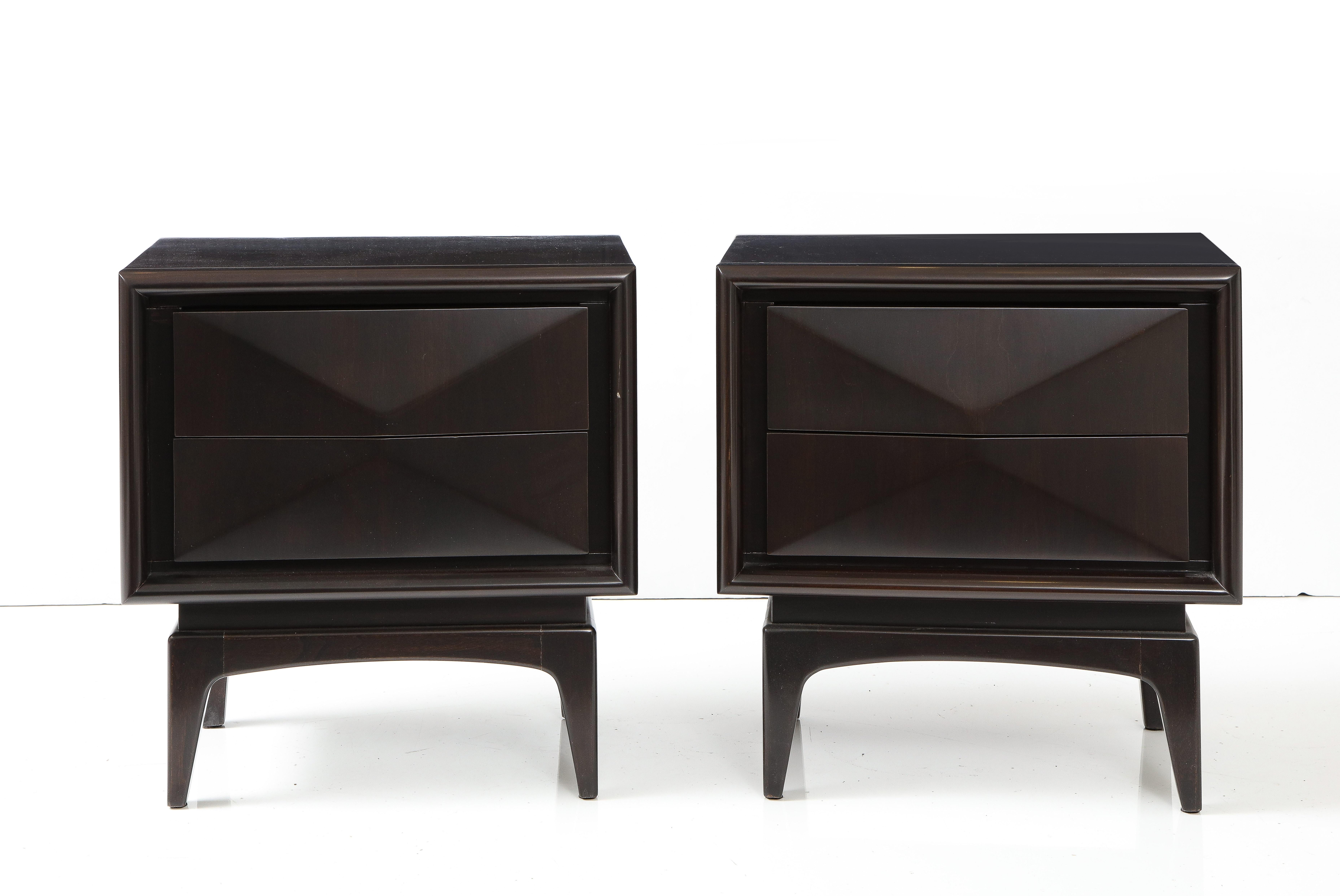 Pair of midcentury solid Walnut nightstands featuring a custom dark brown color and satin sheen. Nightstands feature a convex diamond front and 2 spacious drawers.
