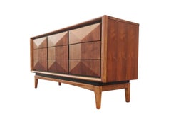 United Furniture Carved Walnut Diamond-Front Triple Dresser with 9 Drawers 1960s