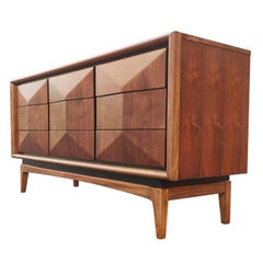 United Furniture Carved Walnut Diamond-Front Triple Dresser with 9 Drawers 1960s