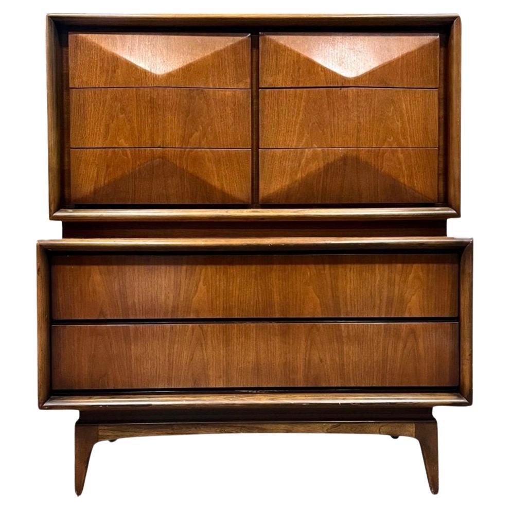 United Furniture Diamond Front Mid Century Modern Highboy Dresser c. 1960s For Sale