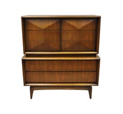 United Furniture Diamond-Front Tall 5-Drawer Dresser in Walnut 1960s