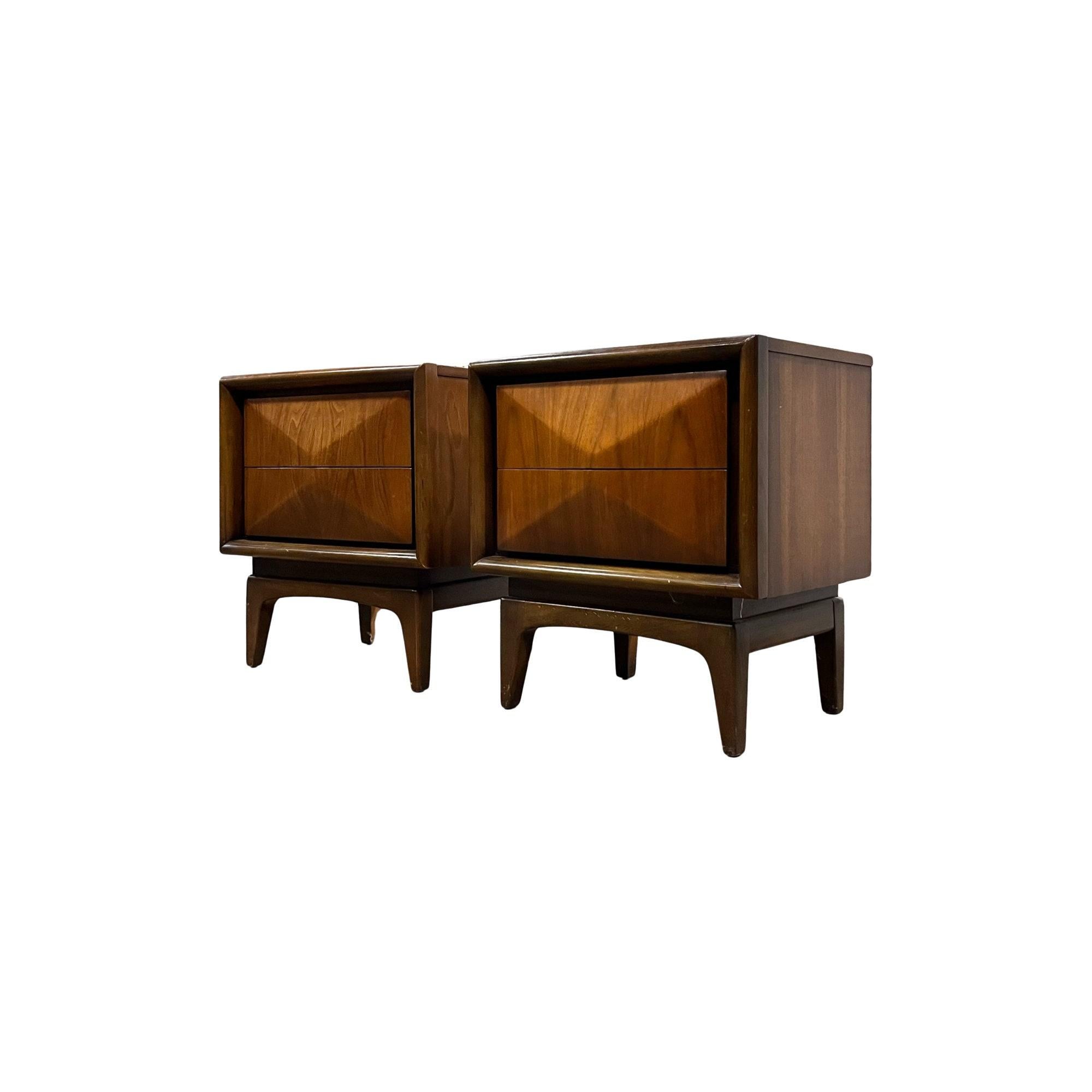 Mid-Century Modern United Furniture Diamond Front Vintage Mid Century Modern Nightstands c. 1960s