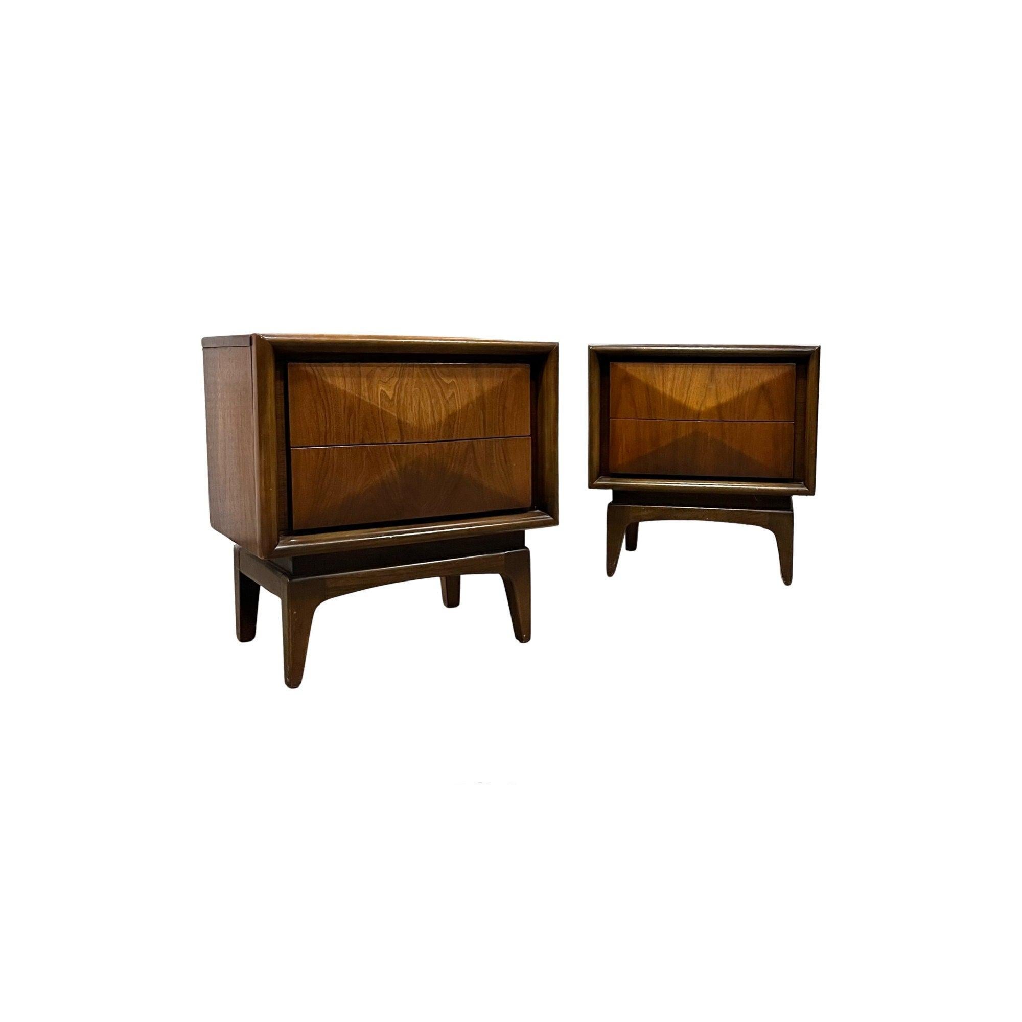 American United Furniture Diamond Front Vintage Mid Century Modern Nightstands c. 1960s