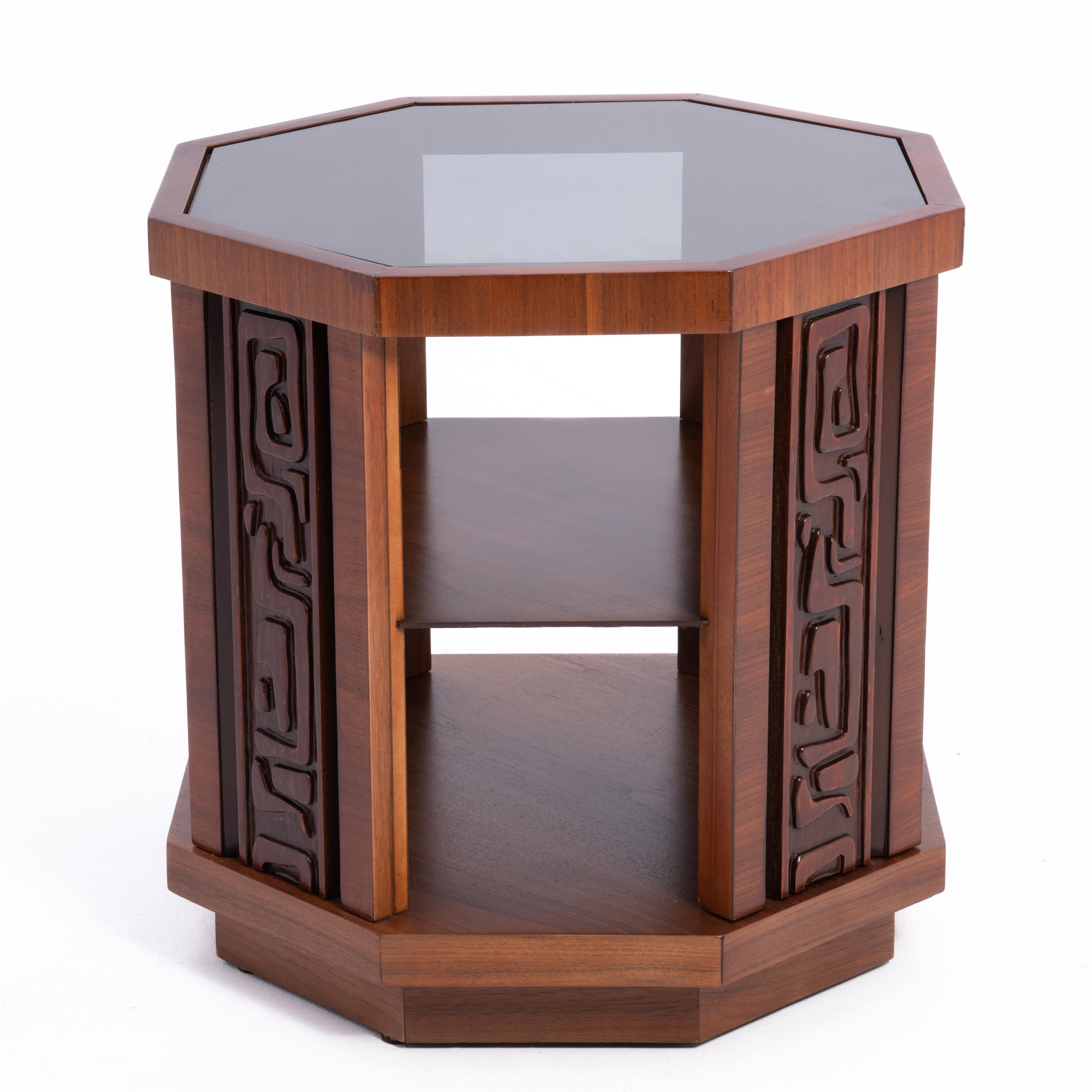 Smoked Glass United Furniture Illustrata Tiki Octagon End Table Pulaski Oceanic Witco Tribal For Sale